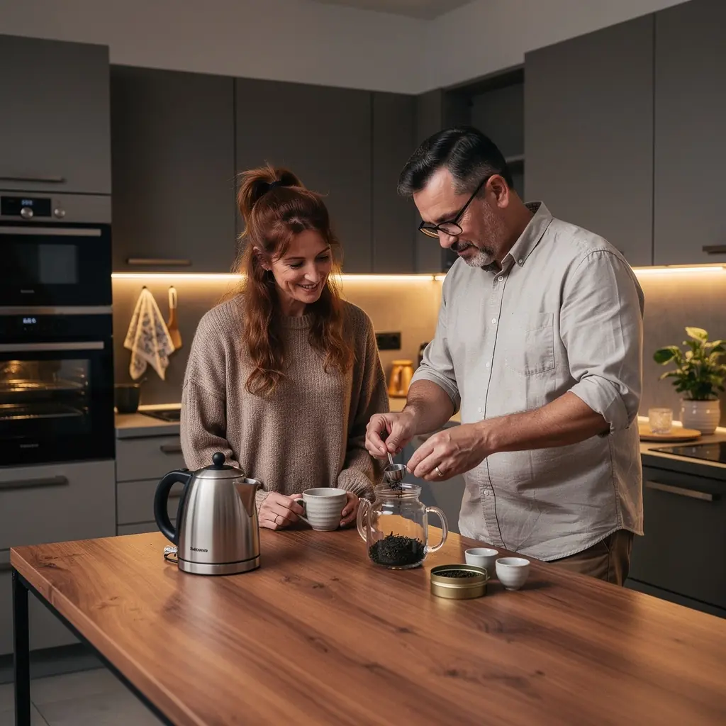 Teás készlet, amely tartalmaz egy szép teáskannát és csészéket.