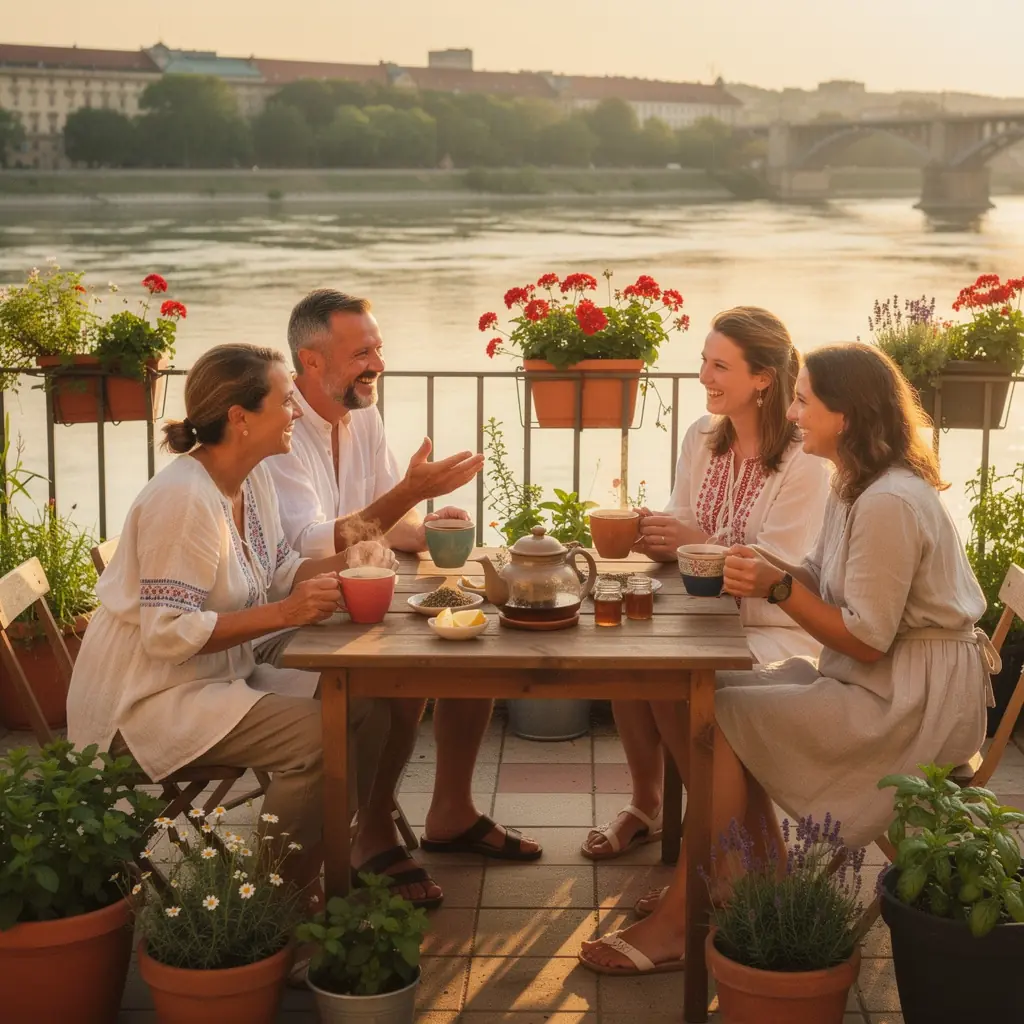 Teázási szertartás lépései, ahol a résztvevők figyelmesen öntik a teát.